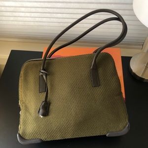 PRADA 1999/ Y2K Rare shoulder bag; olive green wool & brown leather 12x9.5x3.5”